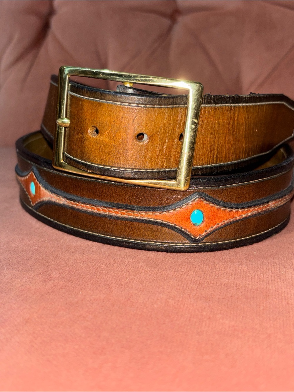 Western turquoise accent tonal Brown Leather Belt Gold Buckle Cowboy size 40